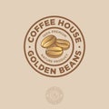 Coffee House logo. Coffee shop and cafeteria emblem. Golden coffee beans.