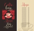 Coffee house menu with price list, coffee cup and curtains