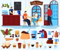 Coffee house vector illustration set, cartoon flat coffee lover character drinking, barista makes hot fresh beverage Royalty Free Stock Photo