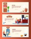 Coffee house vector illustration set, cartoon flat coffee shop banner collection with couple people drinking coffee in Royalty Free Stock Photo