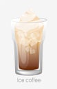 Coffee ice glass. Brown cappuccino latte ice cubes thick foam.