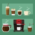 Coffee icons and coffee machine and cup drink elements on background. vector illustration