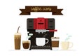 Coffee icons and coffee machine and cup drink elements on background. vector illustration