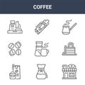 9 coffee icons pack. trendy coffee icons on white background. thin outline line icons such as coffee shop, cake, cinnamon . icon