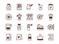 Coffee icons set, instant ground beans. Turk and geyser coffee maker, mug with aroma drip, roast beverages, express cafe Royalty Free Stock Photo