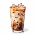 Coffee infuses into a cup filled with ice cubes and milk to form iced latte, or macchiato on an isolated white background.