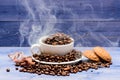 Coffee for inspiration and energy charge. Degree of roasting grain. Cafe drinks menu. Fresh roasted coffee beans. Cup Royalty Free Stock Photo