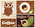 Coffee inspired illustrations, with owl, coffee beans