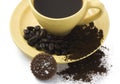 Coffee isolated, coffee beans, biscuit in a yellow cup white background Royalty Free Stock Photo