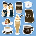 Coffee Items and Character Stickers Set Vector