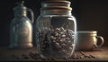 Coffee jar with moody lighting, coffee beans. Generative AI.