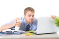 Coffee junkie businessman holding take away cup looking with crazy eyes and funny face expression overworked Royalty Free Stock Photo