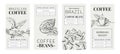 Coffee label. Arabica drink badge with hand drawn graphic of plant and beans. Pour over brewer and French press