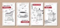 Coffee label. Menu package, barista vintage flyer with beans and beverage in mug, retro grinder and geyser, modern