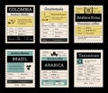 Coffee label mockup set. Food package cover designs. Caffeine roasted beans packaging. Vintage pack labels emblem with