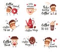 Coffee labels with cute cups, mugs and hot beverage