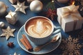 Coffee with latte art on a festive blue and gold Christmas table, capturing holiday warmth.