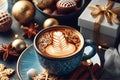 Coffee with latte art on a festive blue and gold Christmas table, capturing holiday warmth.