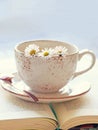 Coffee latte with flowers daisies and book. Morning concept. romantic vintage photo