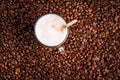 Coffee latte with frothy milk in tall glass, on coffee beans Royalty Free Stock Photo