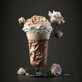 Coffee latte in a glass cup wiith roses on a black background.generative ai