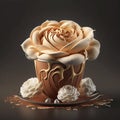 Coffee latte in a glass cup wiith roses on a black background.generative ai