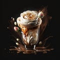 Coffee latte in a glass cup wiith roses on a black background.generative ai