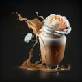 Coffee latte in a glass cup wiith roses on a black background.generative ai