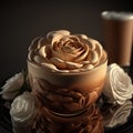Coffee latte in a glass cup wiith roses on a black background. generative ai
