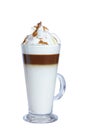 Coffee latte macchiato, whipped cream, cinnamon, glass mug. Isolate on white background Royalty Free Stock Photo