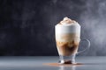 Coffee latte macchiato with whipped cream in glass on gray background, Beautiful latte coffee with delicious whipped cream, AI Royalty Free Stock Photo