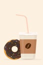 Coffee latte with a straw with a chocolate donut with sprinkles Royalty Free Stock Photo