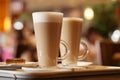 Coffee latte in two tall glasses inside cafe Royalty Free Stock Photo