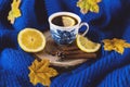 Coffee with lemon. Blue and white cup. Slices of lemon, cinnamon close up. Side view.