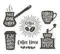 Coffee lettering in cup, grinder, pot shapes. Modern calligraphy quotes about coffee. Vintage coffee objects set .