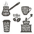 Coffee lettering in cup, grinder, pot shapes. Modern calligraphy quotes about coffee.