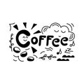 Coffee lettering. Doodle Sun, sleepy cloud, coffee beans and twigs . Hand-drawn illustration. Vector Royalty Free Stock Photo