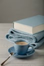 Coffee in a light blue cup and book in blue binding with a knitted scarf on a wooden background. Royalty Free Stock Photo