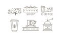 Coffee line icons set, takeaway coffee cup, grinder, labels and badges vector Illustration on a white background Royalty Free Stock Photo