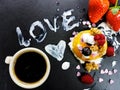 Coffee love hearts dessert strawberry blueberry raspberry pudding mango yogurt Royalty Free Stock Photo