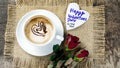 Coffee love with hearts on milk, Latte coffee Royalty Free Stock Photo