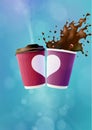 Coffee Love Poster Template. Pink and Violet Ripple Cups with a White Heart and Splash on a Blue Sky Background Royalty Free Stock Photo