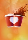 Coffee Love Poster Template. Two Red Ripple Cups with a White Heart and Splash on an Orange Background Royalty Free Stock Photo