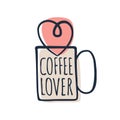 Coffee lover cute print design illustration with heart cup and lettering, vector coffee mug on white background