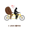 Coffee lovers. Coffee beans on bicycle. Lovers of cycling tandem