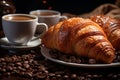 Coffee lovers dream croissants, coffee, and beans on craft paper