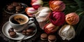 Coffee, macaroons, and a bunch of tulips background, Generative AI