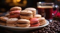 Coffee with macaroons close-up shot. Generative AI. Royalty Free Stock Photo
