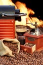 Coffee machine with cup of espresso near fireplace