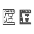 Coffee machine and cup line and solid icon. Kitchenware for making hot drink symbol, outline style pictogram on white Royalty Free Stock Photo